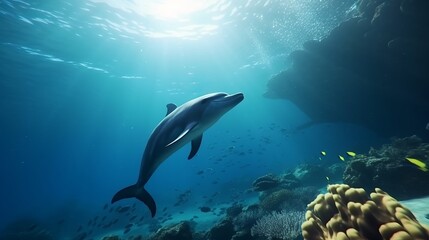 Dolphin swims in an underwater ocean corals and fishes.