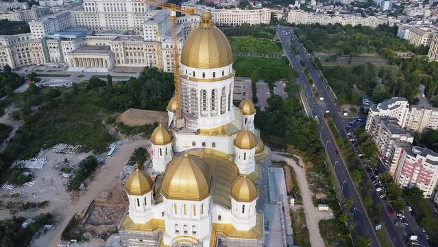 4K Drone flyover footage of the under construction Catedrala Mantuirii Neamului in Bucharest. People's Salvation Cathedral - the tallest and largest Eastern Orthodox church building.