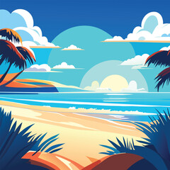 Fototapeta na wymiar Vector summer background, nature of tropical beach with rays of sun light. sand beach, sea water against blue sky with white clouds. Copy space, summer vacation concept