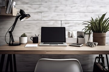 Cropped image of a modern workspace with a laptop with a blank screen, office supplies, and decorations on a wooden table against a plank wall. Generative AI