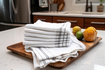 Minimalist Serenity: A Stack of White Dish Towels on a Sleek Modern Marble Kitchen Counter