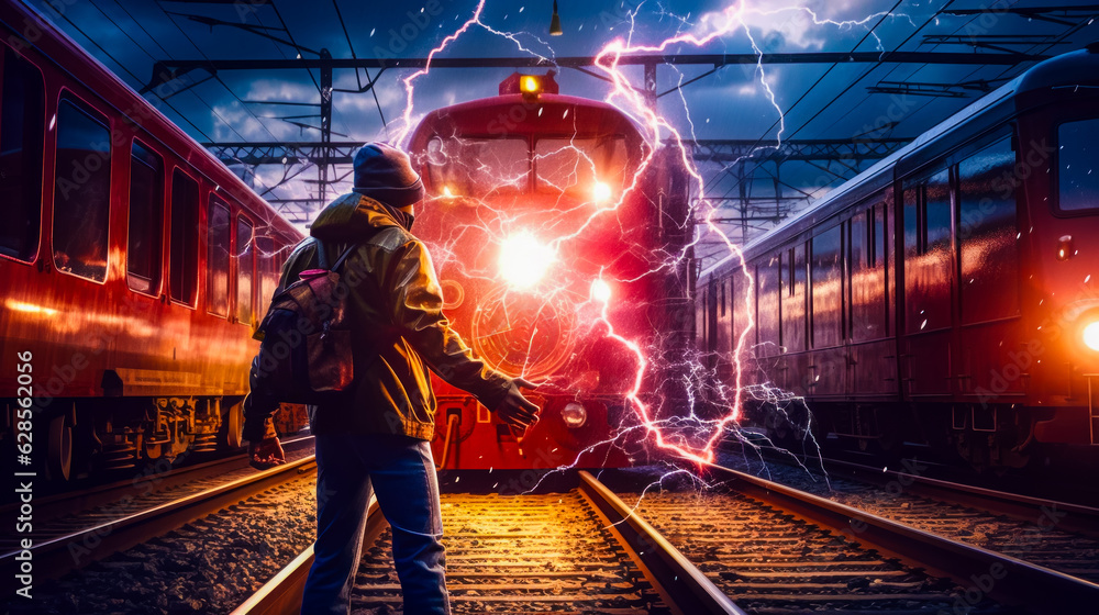 Poster man with backpack standing on train track with train in the background