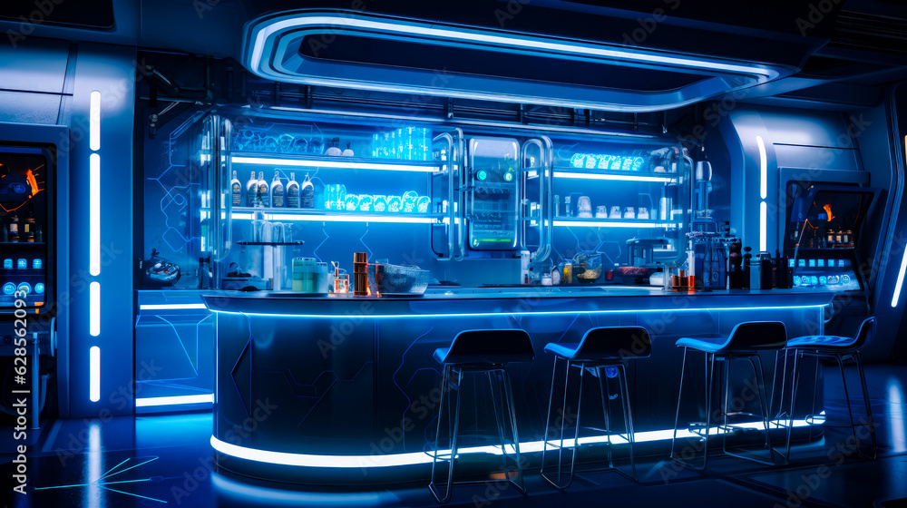 Aufkleber dimly lit bar with bar stools and bar with bottles on it