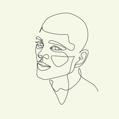 Face line art style minimal man poster illustration. Continuous line portrait, face and hairstyle drawing, fashion concept, minimalism, vector illustration for t-shirt print, poster, postcard, decor.