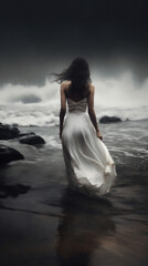 woman cloud sky ocean beach travel nature summer sea storm dress. Generative AI.