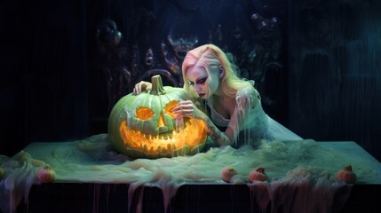 A girl in a white dress is bathing a scary jack-o'-lantern pumpkin in a tub, from which white melted wax is spilling out. The background is dark and creepy. Generative AI.