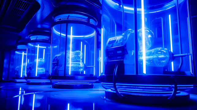 Room filled with lots of blue lights next to metal structure with clock on top of it