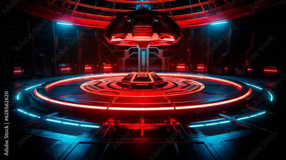 Poster futuristic space station with neon lights and large circular object in the center