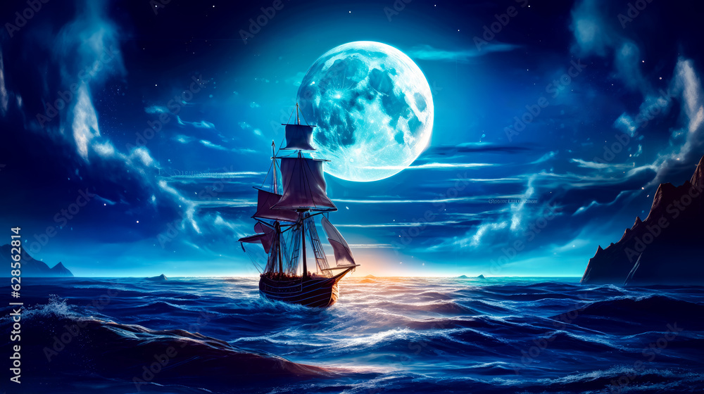 Poster sailboat floating in the ocean with full moon in the background
