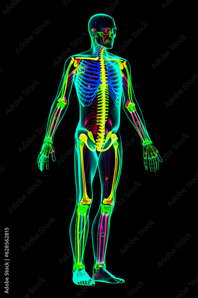 Poster the skeleton of person with multiple bones and bones highlighted in neon colors