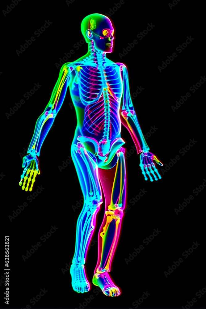 Poster 3d image of human skeleton with the skeleton highlighted in neon colors