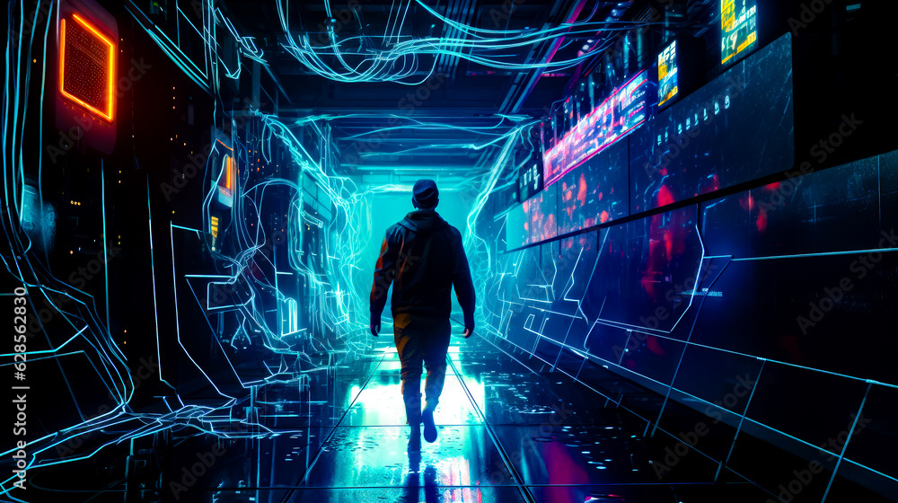Poster man is walking through tunnel with neon lights on the walls and floor
