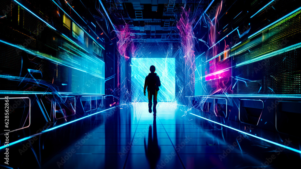 Poster man is walking through tunnel with neon lights on the sides of it