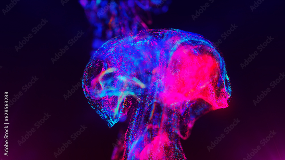 Poster abstract particles background. vivid color fluid particles. motion design background shining neon pa