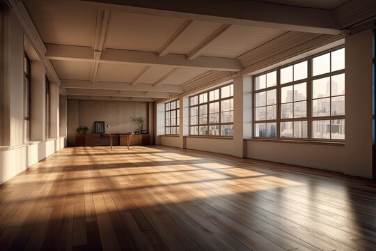 Empty room that is not furnished and has beige walls, a parquet floor, a white plinth, a large window that spans the entire wall in the middle, and two windows on the right. on a Window with a Work Pa