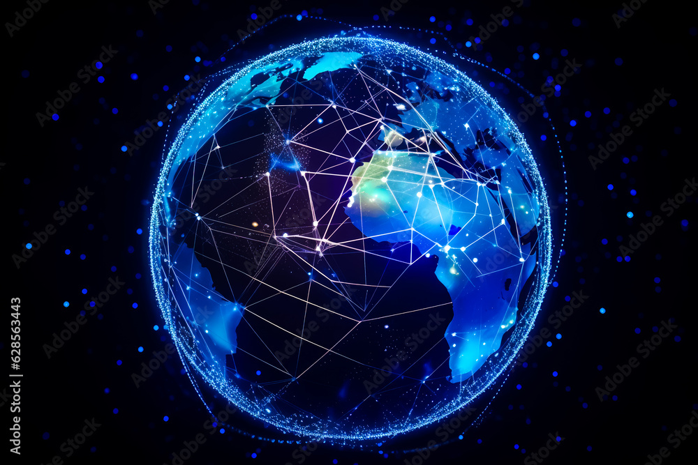 Poster blue earth with lines and dots in the shape of world map