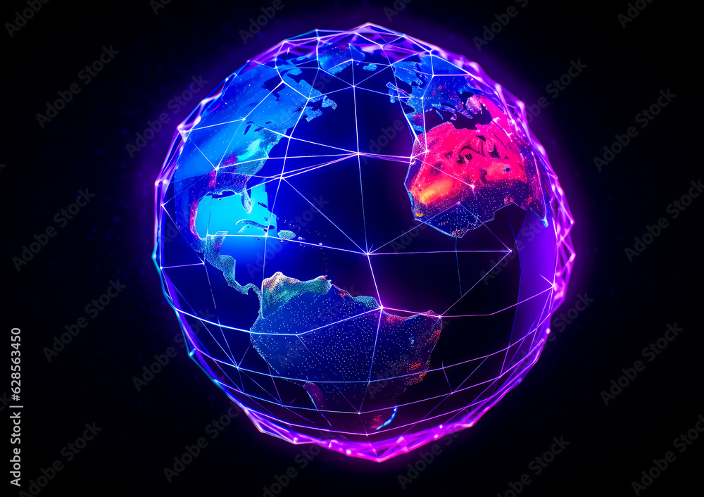 Poster blue and red globe on black background with lines and dots in the shape of the earth