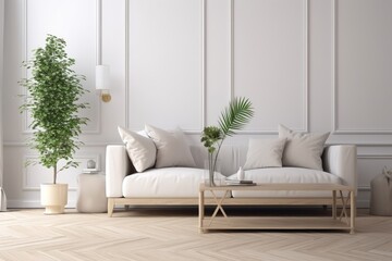 Interior design of modern room with sofa, pillows, and plant. Generative AI
