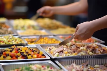 Obraz premium Delicious Group Catering Buffet: Meat, Fruits, and Vegetables in Restaurant Indoor Setting