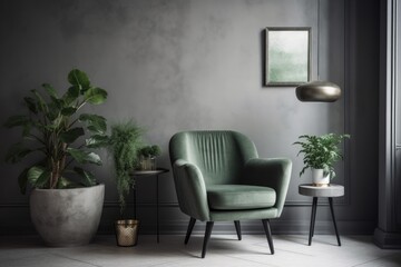 Gray apartment interior with green armchair and imitation table between plants and lamp. Generative AI