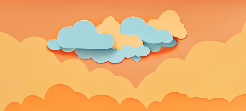 illustrazione con nuvole azzurre su sfondo arancio, cielo al tramonto con nubi, ritagli di carta colorata
