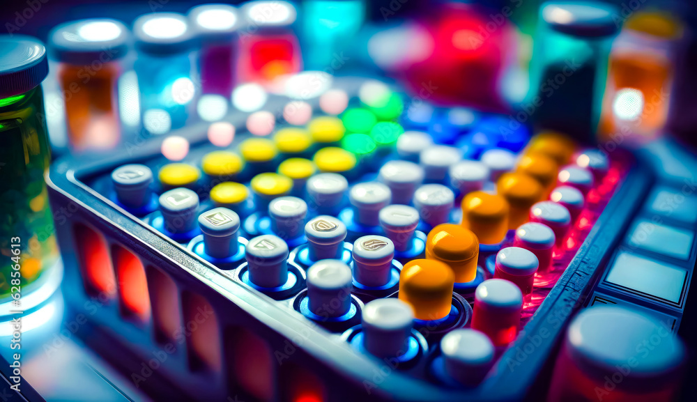 Poster close up of bunch of colorful buttons on game board with blurry background