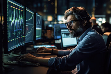 Economist and executive man in investment and brokerage company in computer room and screens.