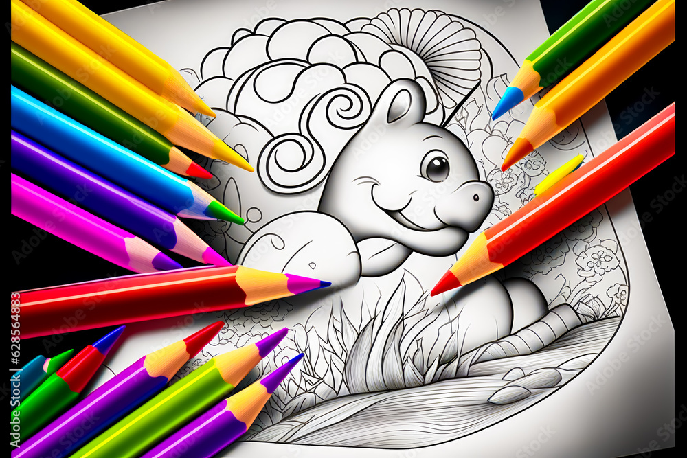 Poster drawing of squirrel with many colored pencils in front of it