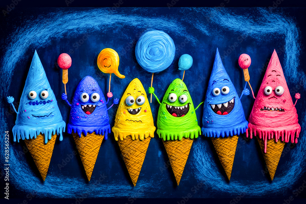 Aufkleber row of colorful ice cream cones with cartoon characters on top of them