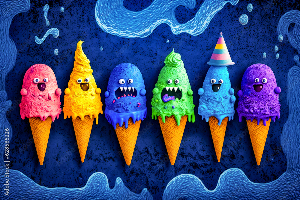 Poster row of ice cream cones with different colored ice cream cones on them