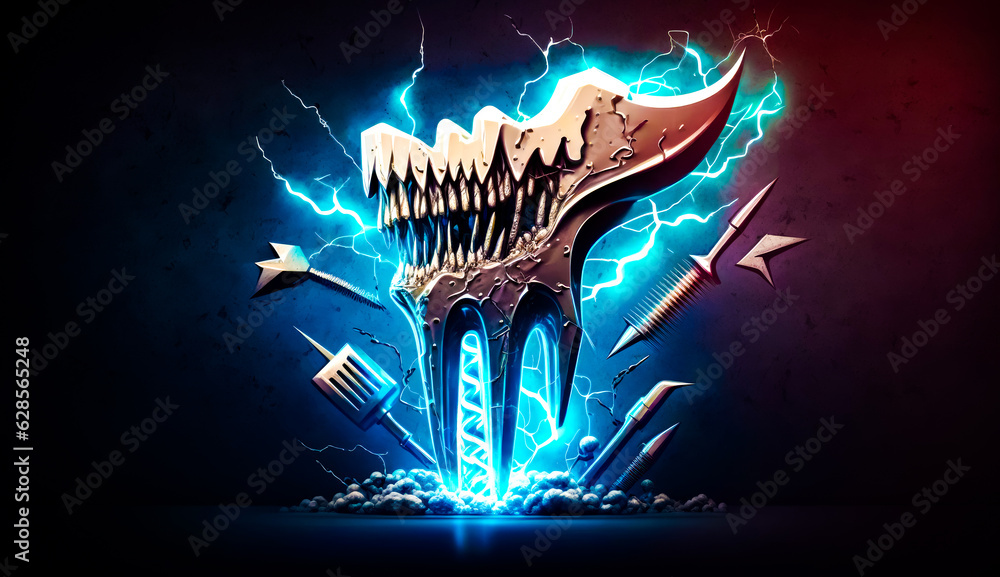 Aufkleber dinosaur skull with lightning bolt in the background and tools in the foreground