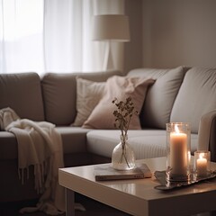Cozy modern living room for relax, reading and comfort with candles. Generative AI.