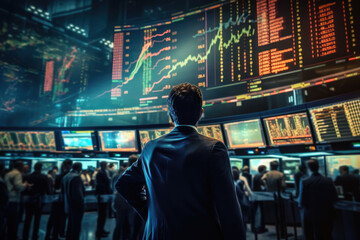 Fototapeta premium Economist and executive man in investment and brokerage company in computer room and screens.