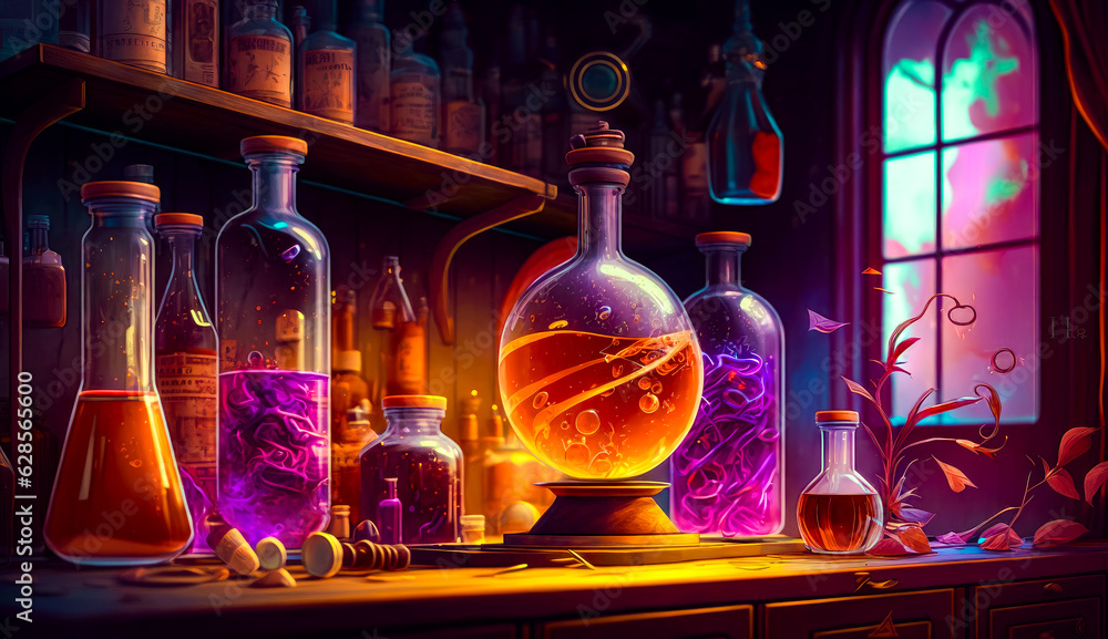 Poster bunch of bottles that are sitting on table in front of shelf