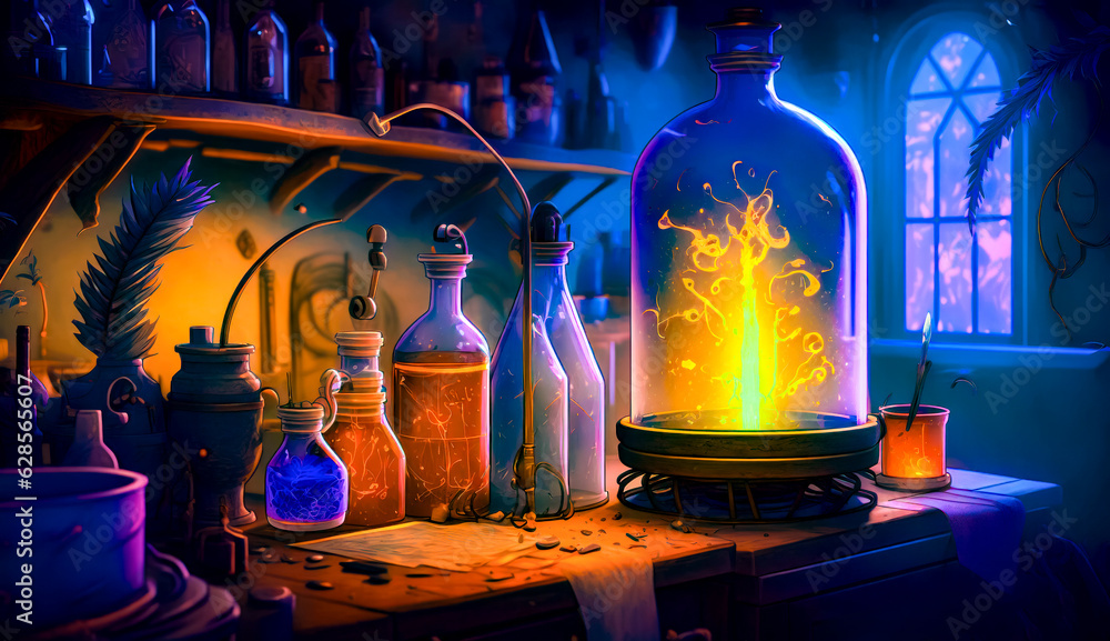 Poster table topped with bottles filled with liquid and yellow light inside of it