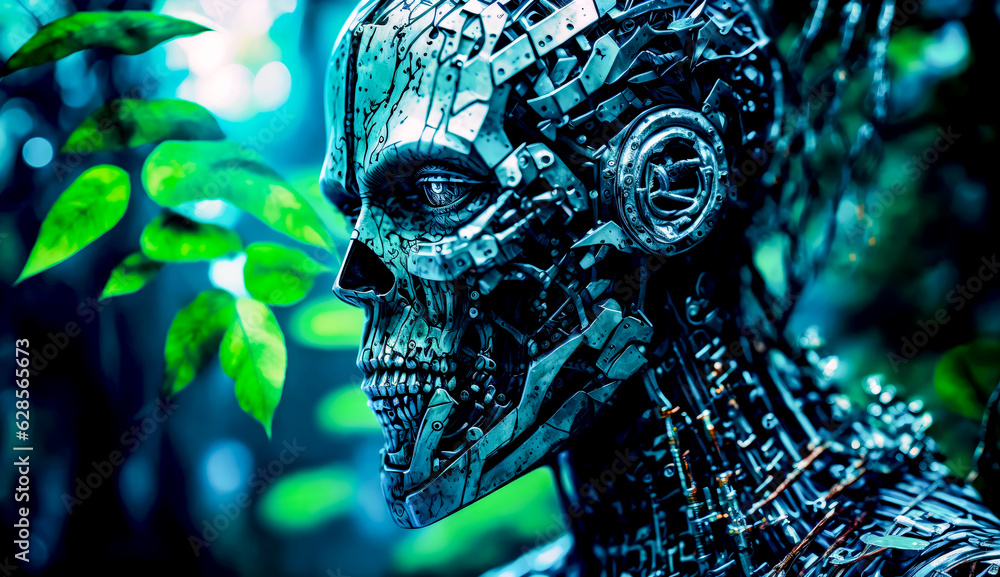 Aufkleber robot with gears on its face and plant in front of it