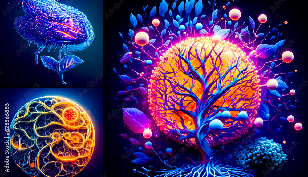 Poster three different images of tree in the middle of the night and glowing orb in the middle of the night