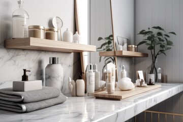 Fototapeta na wymiar Interior of a bathroom Mockup of a shelf containing cosmetics for maintenance. Scandinavian design. Generative AI