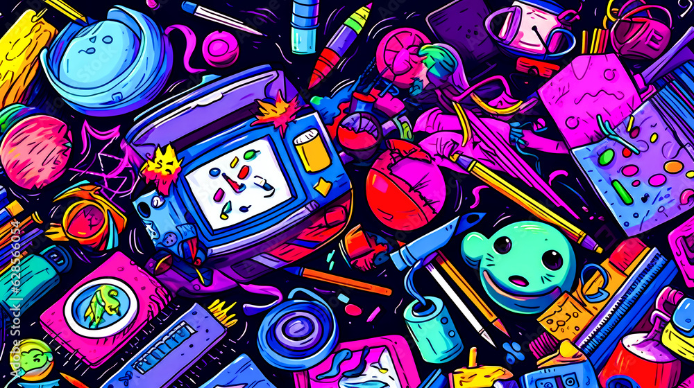 Poster bunch of items that are in the shape of tv and mouse