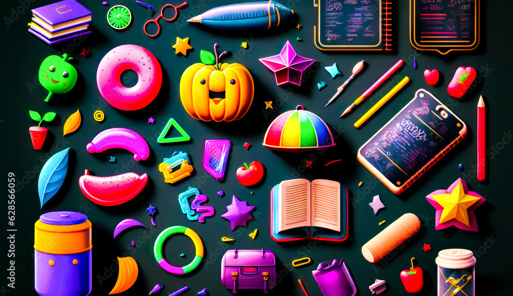 Poster variety of colorful objects are arranged on black surface with chalkboard in the background