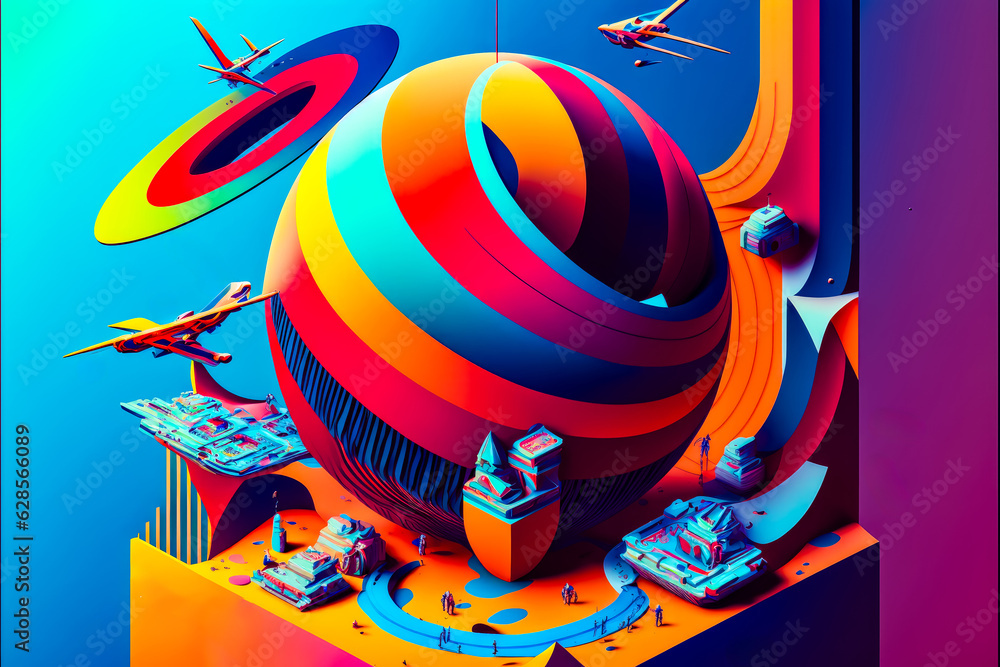 Poster multicolored model of multi - colored building with planes flying over it