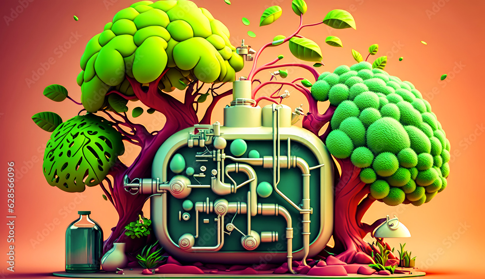 Poster computer generated image of tree with pipes and trees in the background
