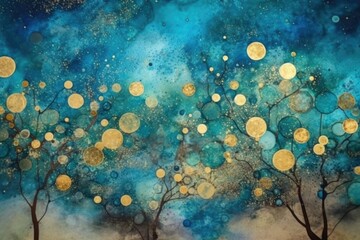 Fototapeta premium Soothing Blue Glitter Background: Starry Sky & Circles in Organic Abstraction | Cosmic Sparkles
