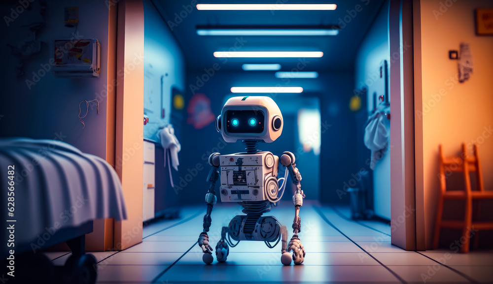 Poster robot that is standing in hallway with light on it's head