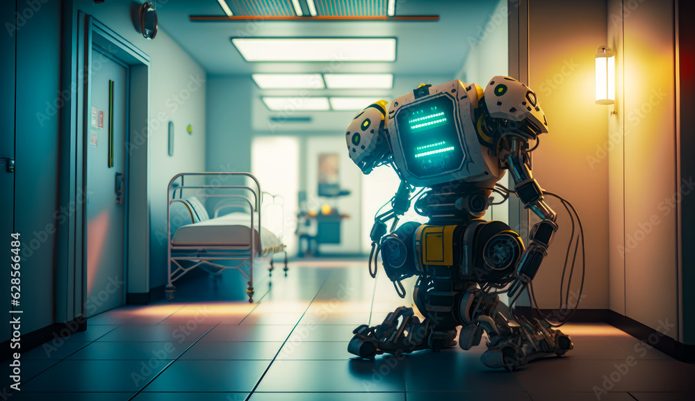 Poster robot that is standing in room with bed in the background