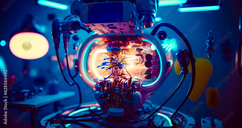 Aufkleber close up of machine with wires and clock on top of it