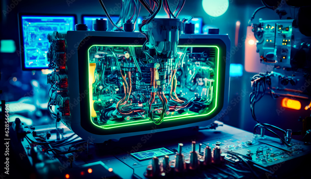 Poster close up of computer board with wires and wires in the middle of it