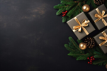 christmas background with pine tree, berries, balls and grey gift boxes