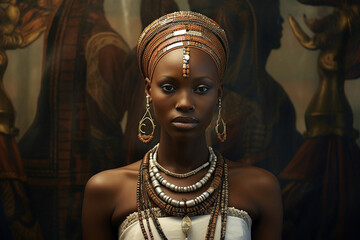 African woman in traditional jewelry, the wife of a tribal chief