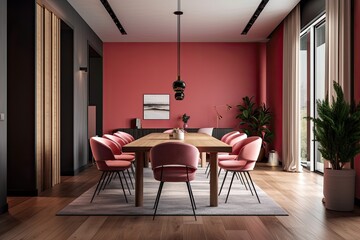 Interior design for a meeting room featuring a wooden floor, a pink wall, and red cloth chairs. Interior meeting and dining room mockup for an apartment building, condo, or show home. Generative AI